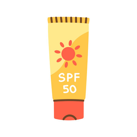 Sunscreen. SPF 50. Tube of sunscreen. Bright and colorful vector style illustration for skin care,...