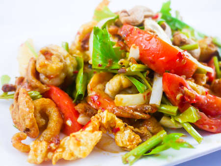 Spicy fried pork skin and cashews salad , Thai Food - soft focusの写真素材