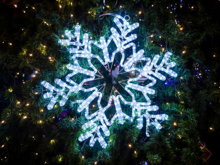 Snowflakes lighting decorate on Christmas tree.の写真素材