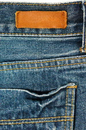 Jeans with leather label and pocket texture and backgroundの写真素材