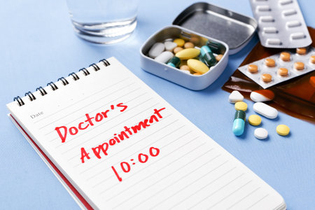Doctor appointment note with medicine pills on table