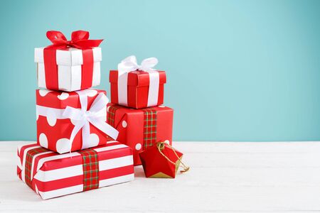 Gift boxes and present for christmas on wood tableの写真素材