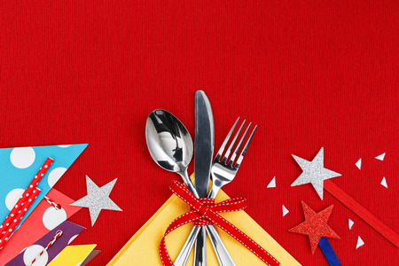 Party background with colorful party decoration and table settingの写真素材