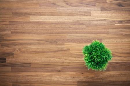Wooden office desk background with artificial green plantの写真素材