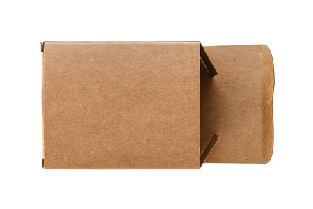 Craft paper box packaging isolated on white backgroundの写真素材