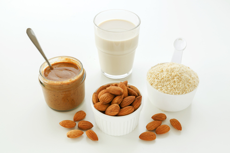 Almonds with almond milk flour and butterの写真素材