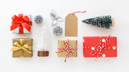 Gift box collection and christmas decoration on white backgroundの写真素材