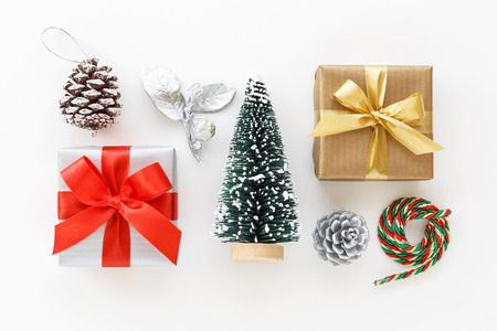 Gift box collection and christmas decoration on white background flat layの写真素材