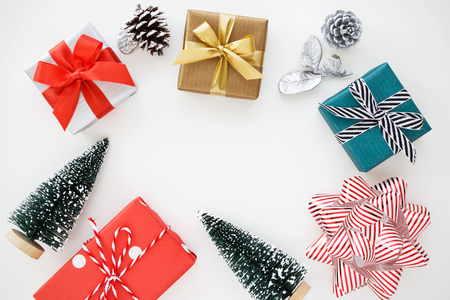 Christmas gift boxes on white background with copy spaceの写真素材