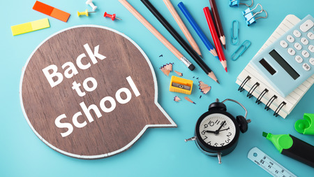 Back to school concept with school stationery on blue backgroundの写真素材
