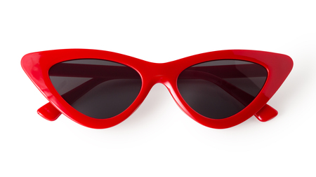 Red cat eye sunglasses isolated on white backgroundの写真素材