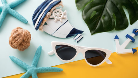 Summer holiday travel concept with sunglasses and accessoriesの写真素材