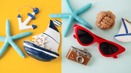 Summer holiday travel concept with red sunglasses and accessoriesの写真素材