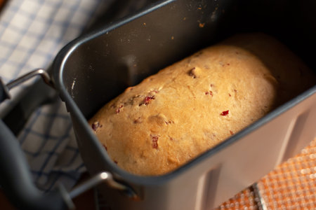Fresh baked bread in bread machine loaf pan
