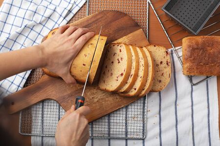 Homemade cranberry whole wheat bread on wooden cutting board with woman hand slicing, top viewの写真素材