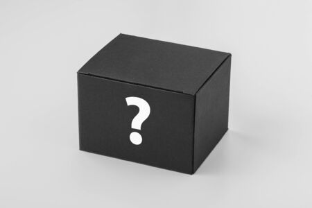 Black box mockup with question mark. Packaging design Brand identity conceptの写真素材