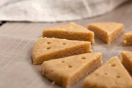 Shortbread cookie dough on baking sheet, close upの写真素材