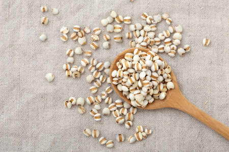 Pearl barley in wooden spoon on table with copy space, top viewの写真素材