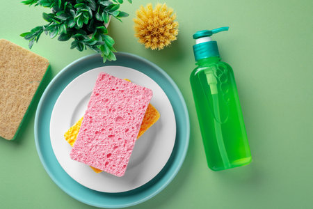 Cleaning sponge on plate with dishwashing liquid soap and  natural brush on green background, top viewの写真素材