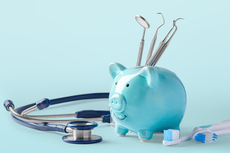 Dental cost concept, piggy bank with dentist instruments on blue background, copy spaceの写真素材