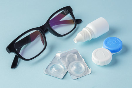 Eyeglasses and contact lenses with container on blue backgroundの写真素材