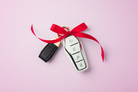 Car key with red bow ribbon on pink background, top viewの写真素材