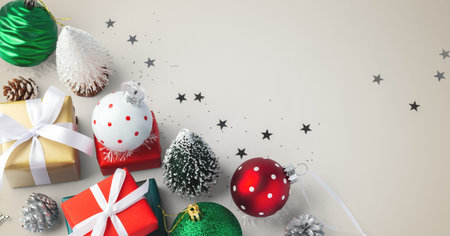 Christmas background, christmas tree and decoration with gift box on gold background, copy space