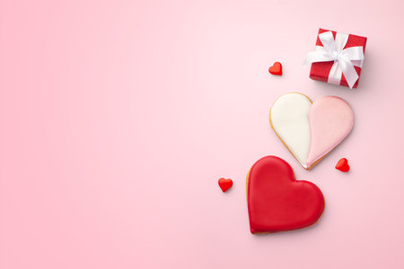 Valentines day background, love heart cookies with gift box, top view, copy spaceの写真素材