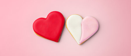 Love heart cookies on pink background, valentines day,  romance concept, top viewの写真素材