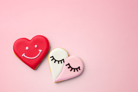 Heart cookies valentines day on pink background, top view, copy spaceの写真素材