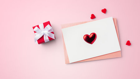 Valentines day card with red heart on envelope and gift box on pink background, top viewの写真素材