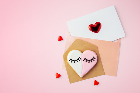 Card with heart in pink envelope and heart shaped cookie, valentines day, mothers day background, top viewの写真素材