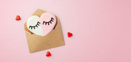 Heart shaped cookie in paper envelope, love for mothers day, valentines day on pink background, top view, copy spaceの写真素材