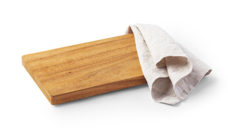 Wooden board with natural linen tablecloth isolated on white backgroundの写真素材