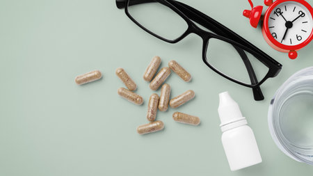 Natural supplement, vitamin capsule with eye glasses, eye drops and clock on green background, supplement for eye health and vision, top view, copy spaceの写真素材