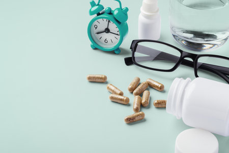 Natural vitamin, supplement spilling out of medical bottle with clock and eyeglasses on green background, copy spaceの写真素材
