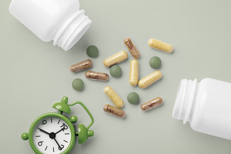 Supplement tablet, vitamin capsule with medical bottle and alarm clock on green background, top viewの写真素材