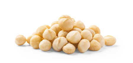 Heap of macadamia isolated on white background, closeupの写真素材