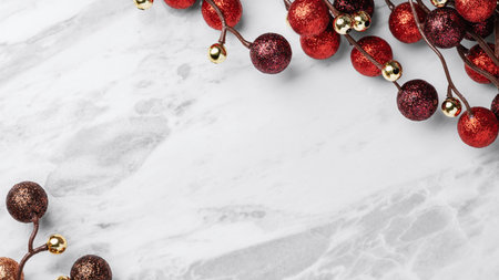 Christmas ornament on marble table background, top view, copy space