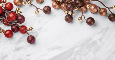 Christmas ornament on marble table background, top view, copy spaceの写真素材
