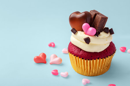 Valentines day red cupcake decorated with heart chocolate and pink hearts on blue background,...
