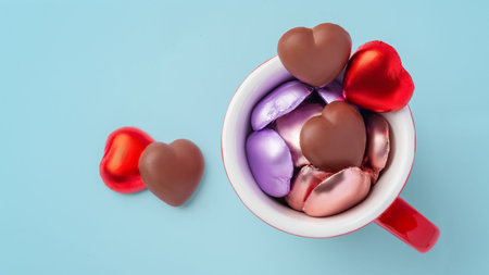 Heart shaped chocolate in red cup on blue background, Valentines day, love concept, top view, copy spaceの写真素材