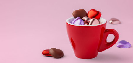 Valentine background, heart shaped chocolate in red cup on pink background, copy spaceの写真素材