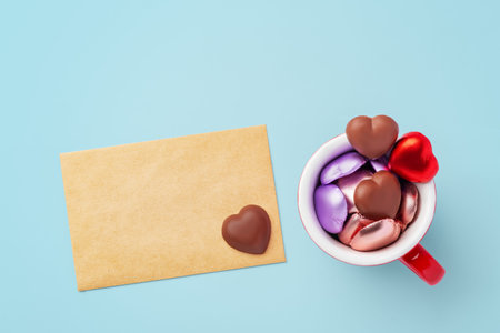 Valentines day card with heart shaped chocolate in red cup on blue background, top view, copy spaceの写真素材