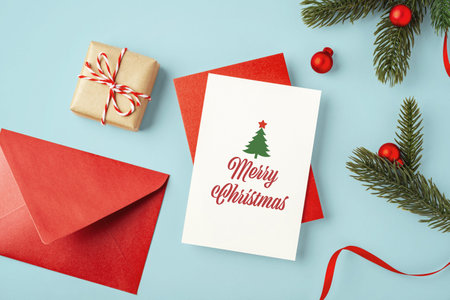 Merry christmas text on white card with red envelop, gift box, red ribbon and pine branch xmas ornament on blue background, top view