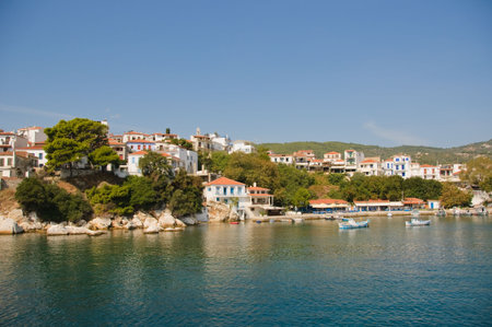 View of buildings on the shore of the Skiathos Town, Greece, Europeの写真素材