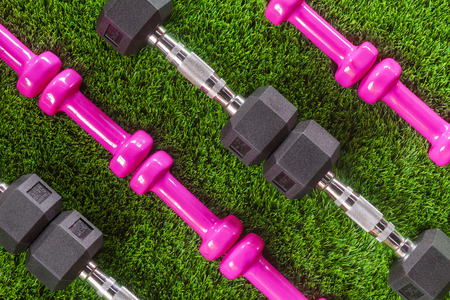 Dumbbells on the grass. Pattern, background, textureの写真素材