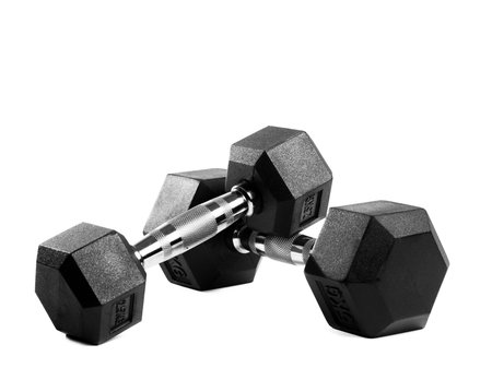 Two black metal dumbbells on isolated backgroundの写真素材