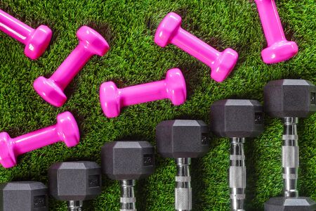 dumbbells on green artificial grass.  textureの写真素材