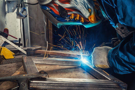 A young man welder in a blue construction overall, in a welding mask and construction gloves,  weld...